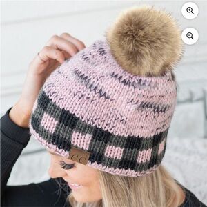 C.C. Pink and Black Knit Beanie with Faux Fur Pom
